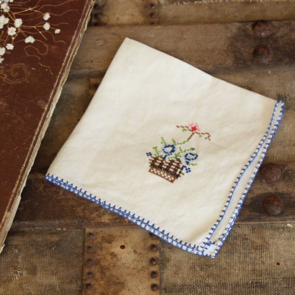 Vintage 1940s 1950s Napkin, Embroidered Flower Basket Linen Doily or Hankie